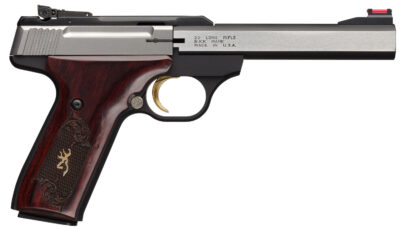 Browning 051543490 Buck Mark Medallion 22 LR 10+1 5.50" Blackened SS Slab Side Barrel, Stainless Steel Serrated SS Slide, Matte Black Aluminum Frame, Checkered Rosewood w/Gold BuckMark Inlay Grip