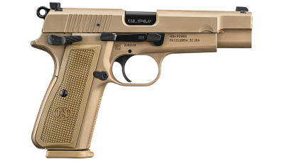 FN 66101117 High Power  9mm Luger 10+1, 4.70" Black Target Crown Steel Barrel, Flat Dark Earth PVD Serrated Steel Slide & Steel Frame w/Beavertail, FDE Textured Polymer Grip, Ambidextrous