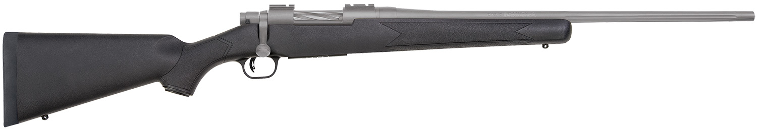 Mossberg 28005 Patriot Synthetic 243 Win 5+1 22" Fluted Barrel w/Recessed Match Crown, Cerakote Stainless Steel, Spiral-Fluted Bolt, Synthetic Stock, Drop Box Magazine, Adjustable LBA Trigger