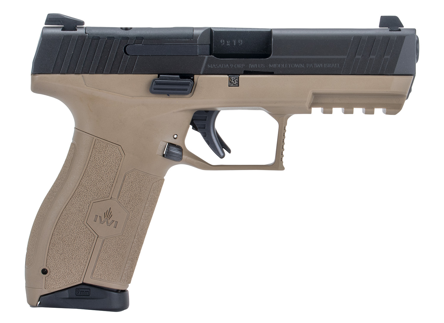 IWI US M9ORP17FD MASADA 9mm Luger 17+1 4.10" Black Button Rifled Steel Barrel/Black Optic Ready/Serrated Slide/Flat Dark Earth Polymer Frame w/Picatinny Rail/FDE Polymer Grips Ambidextrous