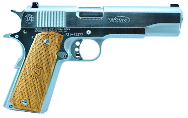 TriStar 85605 American Classic Government 1911 9mm Luger 10+1 5" Stainless Steel Barrel, Chrome Serrated Steel Slide, Chrome Steel Frame w/Beavertail, Wood Grip