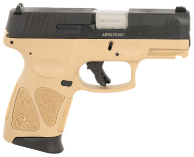 Taurus 1G3C931T G3C  Compact Frame 9mm Luger 12+1 3.26" Matte Stainless Steel Barrel, Matte Black Tenifer Serrated Steel Slide, Tan Polymer Frame w/Picatinny Rail, Black Polymer Grip, Right Hand