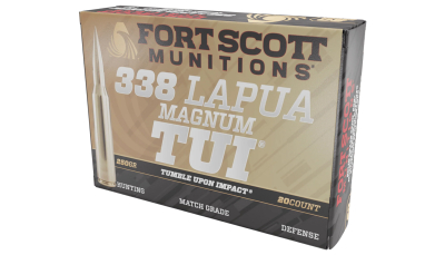 Fort Scott Munitions 338250SBV1 Tumble Upon Impact (TUI) Rifle 338LapuaMag 250gr Solid Copper Spun 20 Per Box/5 Case