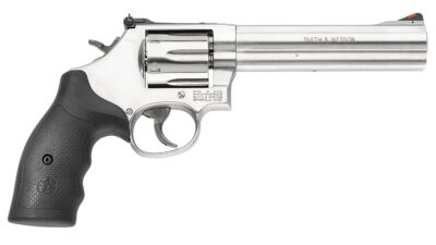 Smith & Wesson 164224 Model 686  357 Mag or 38 S&W Spl +P Stainless Steel 6" Barrel & 6rd Cylinder, Satin Stainless Steel L-Frame,  Red Ramp Front/Adjustable White Outline Rear Sights Internal Lock