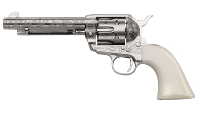 Taylors & Company 200061 1873 Cattle Brand 45 Colt (LC) Caliber with 5.50" Barrel, 6rd Capacity Cylinder, Overall Nickel-Plated Engraved Finish Steel & Ivory Synthetic Grip