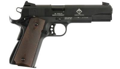 GSG GSG2210M1911 1911  22 LR 10+1 5" Threaded Barrel, Black Anodized Serrated Slide & Zinc Alloy w/Beavertail Frame, Double Diamond Walnut Grip