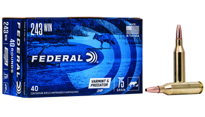 Federal AE24375VP American Eagle Varmint & Predator 243Win 75gr Jacketed Hollow Point 40 Per Box/5 Case