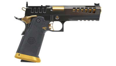 Watchtower Firearms DEMOLITIA9MM5ELITE Demolitia  Full Size Frame 9mm Luger 20+1 5" Gold Plated PVD Ported Barrel, Graphite PVD Optic Cut/Serrated Steel Slide, Graphite PVD Frame, Black Textured Grip