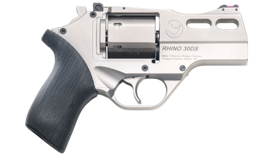 Chiappa Firearms CF340290 Rhino 30SAR *CA Compliant Small Frame 357 Mag 6 Shot, 3" Nickel-Plated Steel Vent Rib Barrel & Cylinder, Nickel-Plated Aluminum Frame, Black Rubber Grip, Concealed Hammer