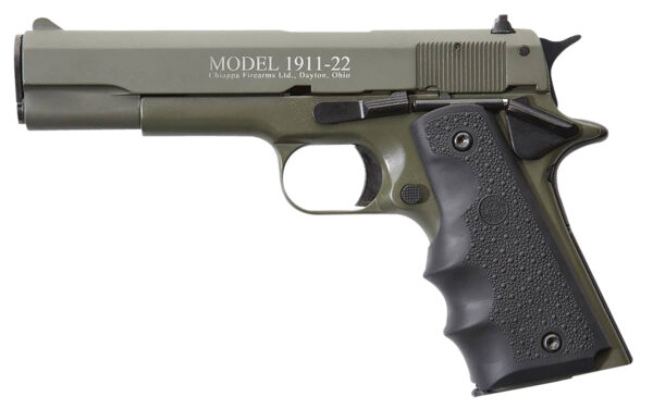 Chiappa Firearms 401121 1911-22  22 LR 10+1 5" OD Green Serrated Steel Slide & Beavertail Frame, Black Hogue Rubber w/Finger Grooves Grip