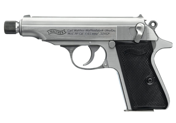 Walther Arms 4796062 PP SD Carry Frame 32 ACP 8+1 3.90" Stainless Steel Threaded Barrel, Stainless Steel Slide & Frame w/Beavertail, Black Polymer Grip