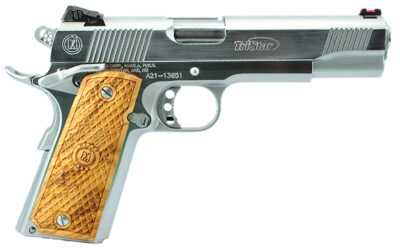 TriStar 85635 American Classic Trophy 1911 45 ACP 8+1 5" Stainless Steel Barrel, Chrome Steel Serrated Slide, Chrome Steel Frame w/Beavertail, Wood Grip, Ambidextrous