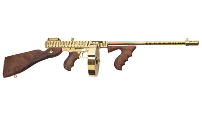 Thompson T150DTGTS 1927A-1 Deluxe 45 ACP Caliber with 16.50" Barrel, 20+1 Capacity (Stick), 50+1 Capacity (Drum), Gold w/Tiger Stripe Metal Finish, American Walnut Stock Wood Grip Right Hand