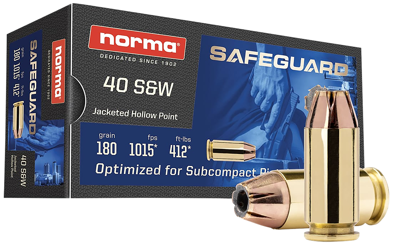 Norma Ammunition 801407727 Safeguard 40S&W 180gr Jacketed Hollow Point 50 Per Box/20 Case