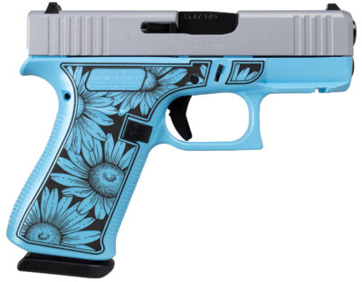 Glock UX4350204FRDAISYBLUE G43X FR Miss Daisy Slim Sub-Compact Frame 9mm 10+1 3.41" Black GMB Barrel, Serrated Steel Slide, Blue Cerakote Polymer Frame w/Black Daisy Laser Engraving Grip, Front Rail