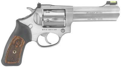 Ruger 5773 SP101  Small Frame 327 Federal Mag 6rd, 4.20" Satin Stainless Steel Barrel, Cylinder & Frame, Black Rubber w/Wood Insert Grip, Exposed Hammer, Transfer Bar Safety