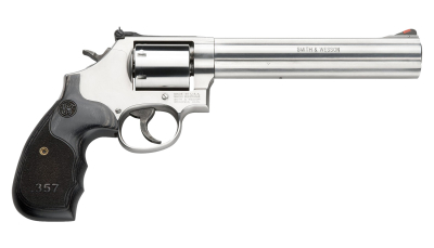 Smith & Wesson 150855 Model 686 Plus 38 S&W Spl +P, 357 Mag 7rd 7" Stainless Steel Barrel & Cylinder Satin Stainless Steel Frame with Black & Silver Custom Wood Grip & Red Ramp Front Sight
