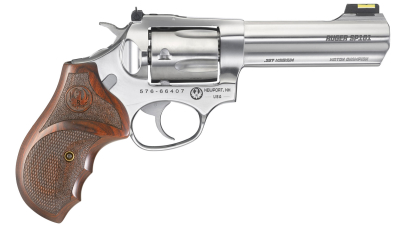 Ruger 5782 SP101 Match Champion 357 Mag  4.20" Barrel 5rd Triple-Locking Cylinder, Gloss Stainless Steel, Altamont Stippled/Checkered   Hardwood Grip, Transfer Bar Safety