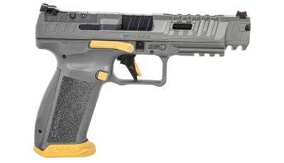Canik HG6610TN SFx Rival Full Size 9mm Luger 18+1, 5" Black Steel Barrel, Rival Gray Ported/Serrated Slide, Rival Gray w/Gold Accents Polymer Frame w/Beavertail & Picatinny Rail, Ambidextrous