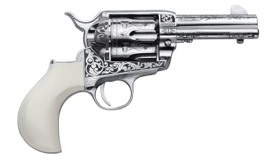 Cimarron PP346HUCKENG Huckleberry  45 Colt (LC) 6 Shot, 3.50" Nickel Engraved Barrel, Cylinder & Frame, Poly-Ivory w/"Huckleberry" Engraved On The Backstrap Grip