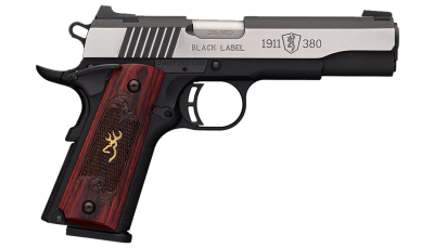 Browning 051914492 1911 Black Label Medallion Pro 380 ACP 8+1 4.25" Target Crown Barrel, Blackened w/Silver Polished Flats Serrated SS Slide, Matte Black Polymer Frame w/Beavertail