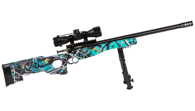 Crickett KSA2149 Precision Package 22 LR Caliber with 1rd Capacity, 16.12" Barrel, Blued Metal Finish & Fixed Thumbhole Muddy Girl Serenity Synthetic Stock Right Hand (Youth) Includes Scope & Bipod
