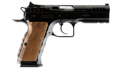 Tanfoglio IFG TFSTOCKI10 Defiant Stock I 10mm Auto Caliber with 4.50" Barrel, 13+1 Capacity, Overall Black Finish Steel, Picatinny Rail/Beavertail Frame, Serrated Slide & Wood Grip