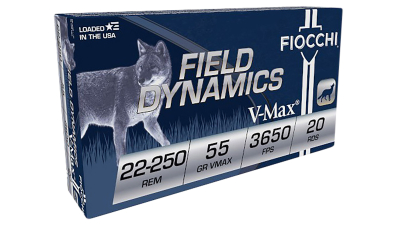 Fiocchi 22250HVD Field Dynamics 22-250Rem 55gr Hornady V Max 20 Per Box/10 Case