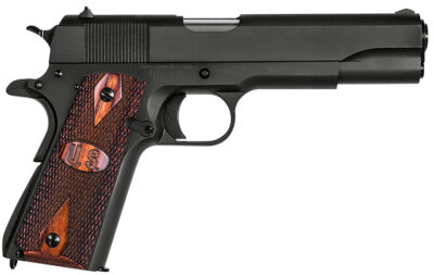 Auto-Ordnance 1911BKOW 1911 A1 GI Spec 45 ACP 7+1, 5" Stainless Steel Barrel, Matte Black Serrated Carbon Steel Slide & Frame w/Beavertail, Checkered Wood w/Integrated US Logo Grip