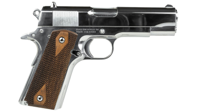 SDS Imports 10100112 1911A1 Desperado 38 Super/9mm Luger 9+1 4.25" Hard Chrome Plated Barrel, High Polished Chomium Coated Serrated Steel Slide & Frame w/Beavertail, Checkered Wood Grips