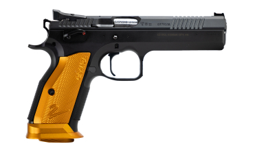 CZ-USA 91265 TS2  40 S&W 17+1 5.20" Black Bull Barrel, Black Slide, Black Polycoat Frame, Orange Checkered Aluminum Grip