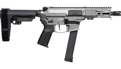 CMMG 99A290FTNG Banshee FE MkGs 9mm Luger 33+1 5" Black Nitride Threaded Barrel, M-LOK Handguard, Tungsten Cerakote Aluminum Receiver w/Picatinny Rail, Black Polymer CMMG RipBrace, CMMG Zeroed Grip