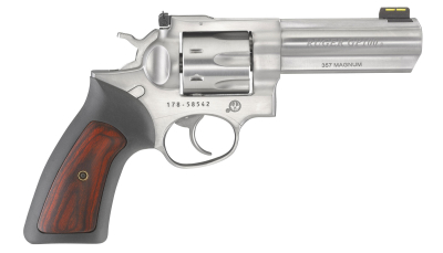 Ruger 1771 GP100  357 Mag 7 Shot, 4.20" Satin Stainless Steel Barrel, Satin Stainless Cylinder, Satin Stainless Steel Frame, Black Rubber w/Wood Insert Grip, Exposed Hammer