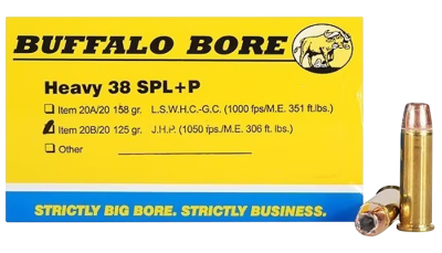 Buffalo Bore Ammunition 20B20 Heavy Strictly Business 38Special +P 125gr Jacket Hollow Point 20 Per Box/12 Case