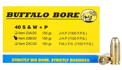 Buffalo Bore Ammunition 23B20 Heavy Strictly Business 40S&W +P 180gr Jacket Hollow Point 20 Per Box/12 Case