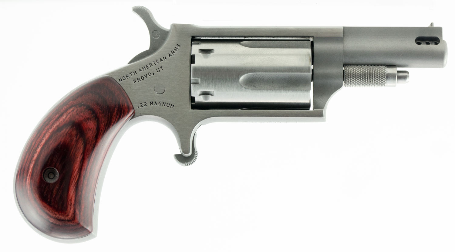North American Arms 22MCP Mini-Revolver 22 LR/22 WMR 5 Shot 1.63" Stainless Steel Ported Barrel & Frame, Stainless Cylinder, Rosewood Birdshead Grip, Exposed Hammer, Includes 22 LR Cylinder