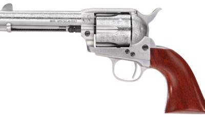 Taylors & Company 550926 1873 Cattleman 45 Colt (LC) Caliber with 4.75" Barrel, 6rd Capacity Cylinder, Overall White Floral Engraved Finish Steel & Walnut Grip