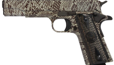Iver Johnson Arms 1911A1COPPERHEAD 1911 A1 Copperhead 45 ACP 8+1 5" Black Steel Barrel, Tan Snakeskin Hydrographic Serrated Steel Slide & Frame w/Beavertail, Black Snakeskin Diamondwood Grip
