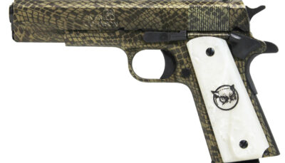 Iver Johnson Arms 1911A1WATERMOCCASIN 1911 A1 Water Moccasin 45 ACP 8+1 5" Black Steel Barrel, Green Snakeskin Hydrographic Serrated Steel Slide & Frame w/Beavertail, White Synthetic Pearl Grip