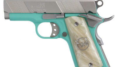 Iver Johnson Arms THRASHERTB9 1911 Thrasher Officer 70 Series 9mm Luger 3.13" 8+1 Tiffany Blue Cerakote Silver Cerakote White Synthetic Pearl Grip