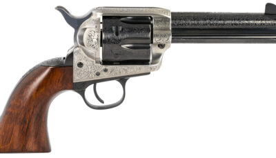 Taylors & Company 550925 1873 Cattleman 45 Colt (LC) Caliber with 4.75" Blued Floral Engraved Finish Barrel, 6rd Capacity Blued Finish Cylinder, Coin Photo Engraved Finish Steel Frame & Walnut Grip