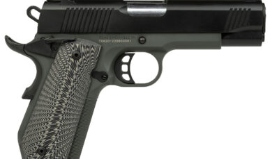 Tisas 10100802 1911 Yukon Full Size 10mm Auto 10+1 4.25" Stainless Steel Barrel, Black Cerakote Serrated Slide, Dark Gray Cerakote Steel Frame w/LPI Checkering & Beavertail, Black Sunburst G10 Grips