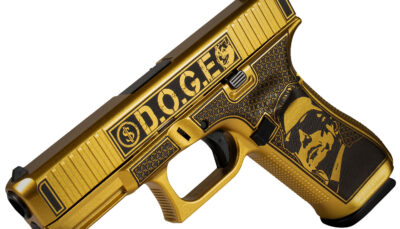 Glock PA455S204NDGE G45 Gen5 9mm Luger 17+1 4.02" Black GMB Barrel, Glamour Glock Gold Cerakote Serrated Steel Slide w/D.O.G.E., Glamour Glock Gold Cerakote Polymer Frame w/Trump & Elon