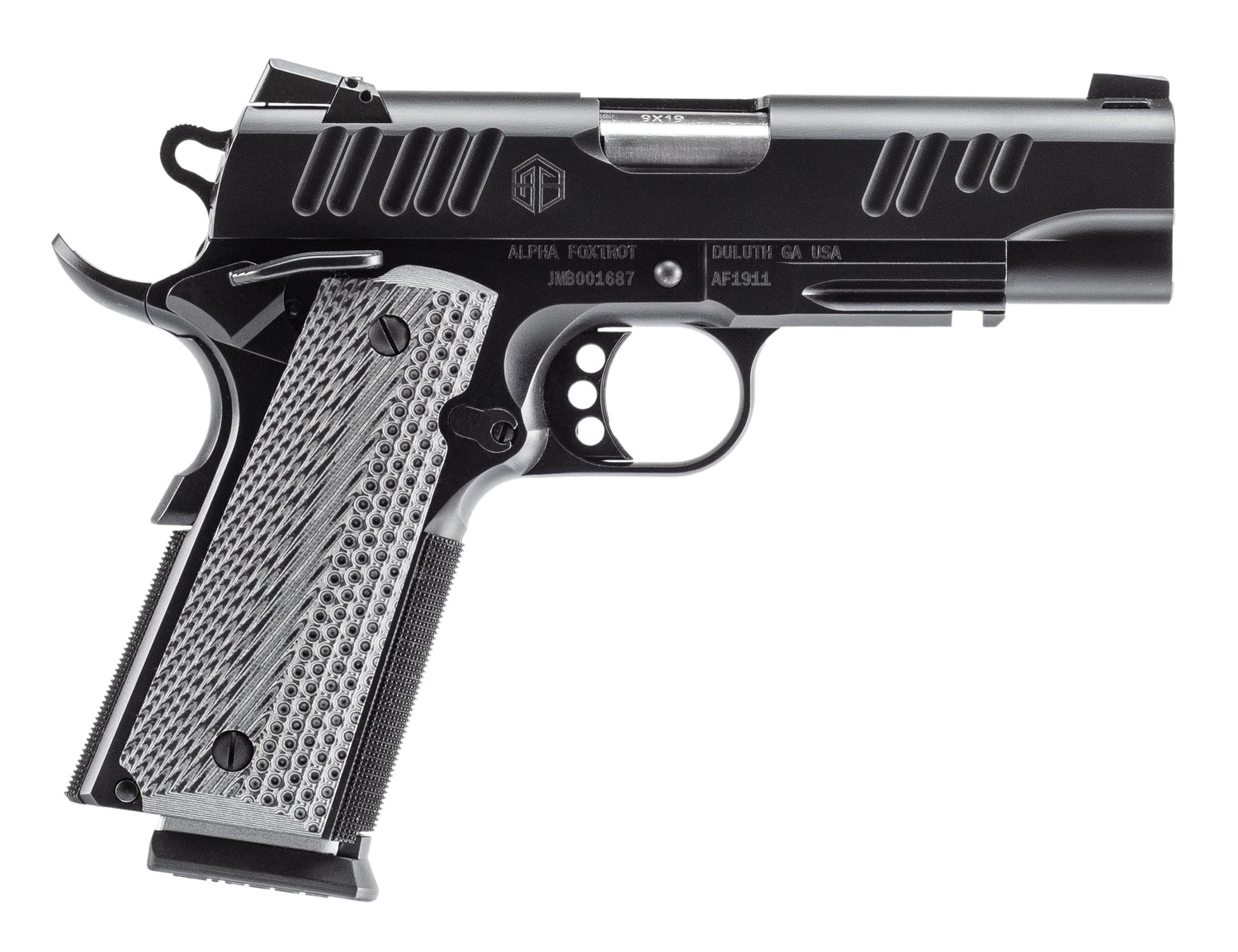Alpha Foxtrot AA01X1CND-XQBK10 AF1911 Enhanced 9mm Luger 10+1 4.25" Stainless Bull Barrel, Black QPQ Stainless Steel Serrated Slide, Black QPQ Stainless Steel Checkered Frame w/Beavertail, G10 Grip