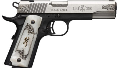 Browning 051966492 1911 Black Label Medallion Full Size Frame 380 ACP 8+1 4.25" Matte Stainless Steel Barrel & Serrated Slide, Matte Black Polymer Frame w/Beavertail, White Imitation Pearl Grip