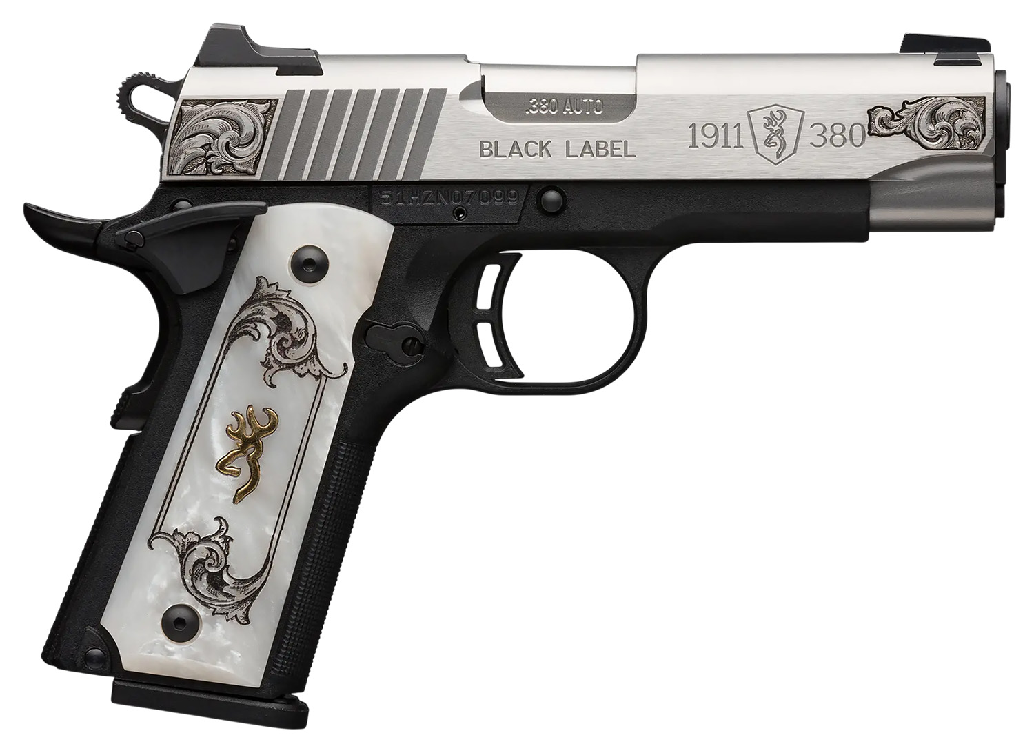 Browning 051967492 1911 Black Label Medallion Compact 380 ACP 8+1 3.63" Matte Stainless Stainless Steel Barrel & Serrated Slide, Matte Black Polymer Frame w/Beavertail, White Imitation Pearl Grip