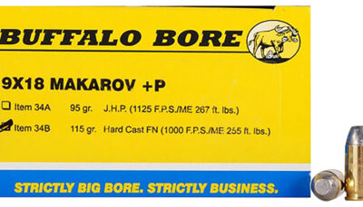 Buffalo Bore Ammunition 34B20 Personal Defense Strictly Business 9x18Makarov +P 115gr Hard Cast Flat Nose 20 Per Box/12 Case