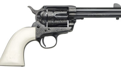 Taylors & Company 200059 1873 Cattleman Outlaw Legacy 357 Mag Caliber with 4.75" Barrel, 6rd Capacity Cylinder, Overall Blued Engraved Finish Steel & Ivory Synthetic Grip