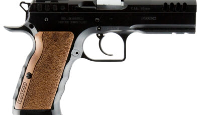 Tanfoglio IFG TFSTOCKI10 Defiant Stock I 10mm Auto Caliber with 4.50" Barrel, 13+1 Capacity, Overall Black Finish Steel, Picatinny Rail/Beavertail Frame, Serrated Slide & Wood Grip