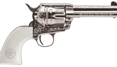 Cimarron PP410LNTXR Frontier Texas Ranger 45 Colt (LC) 6 Shot, 4.75" Engraved Nickel-Plated Steel Barrel, Cylinder & Frame, Engraved "One Riot, One Ranger" Ejector Rod, White Polymer Grip